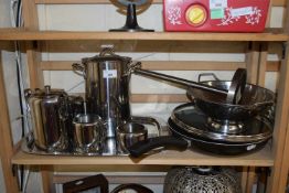 Quantity of kitchen wares to include a four piece metal tea set on tray, pan etc