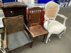 Late Victorian hall chair with carved floral decoration together with a cane backed armchair and a