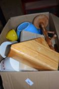 Quantity of kitchen wares to include mug tree, chopping block, cafetiere, storage cannisters etc