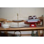 Mixed Lot: A red cake stand, two tier cake stand, garlic dish etc