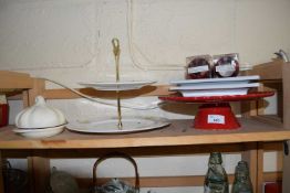 Mixed Lot: A red cake stand, two tier cake stand, garlic dish etc