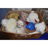 Box of various assorted teddy bears