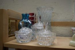 Mixed Lot: Glassware to include a three piece pressed glass dressing table set and three vases (6)