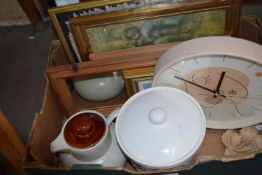 Mixed Lot: Mirror, pictures, prints, biscuit barrel, wall clock, etc