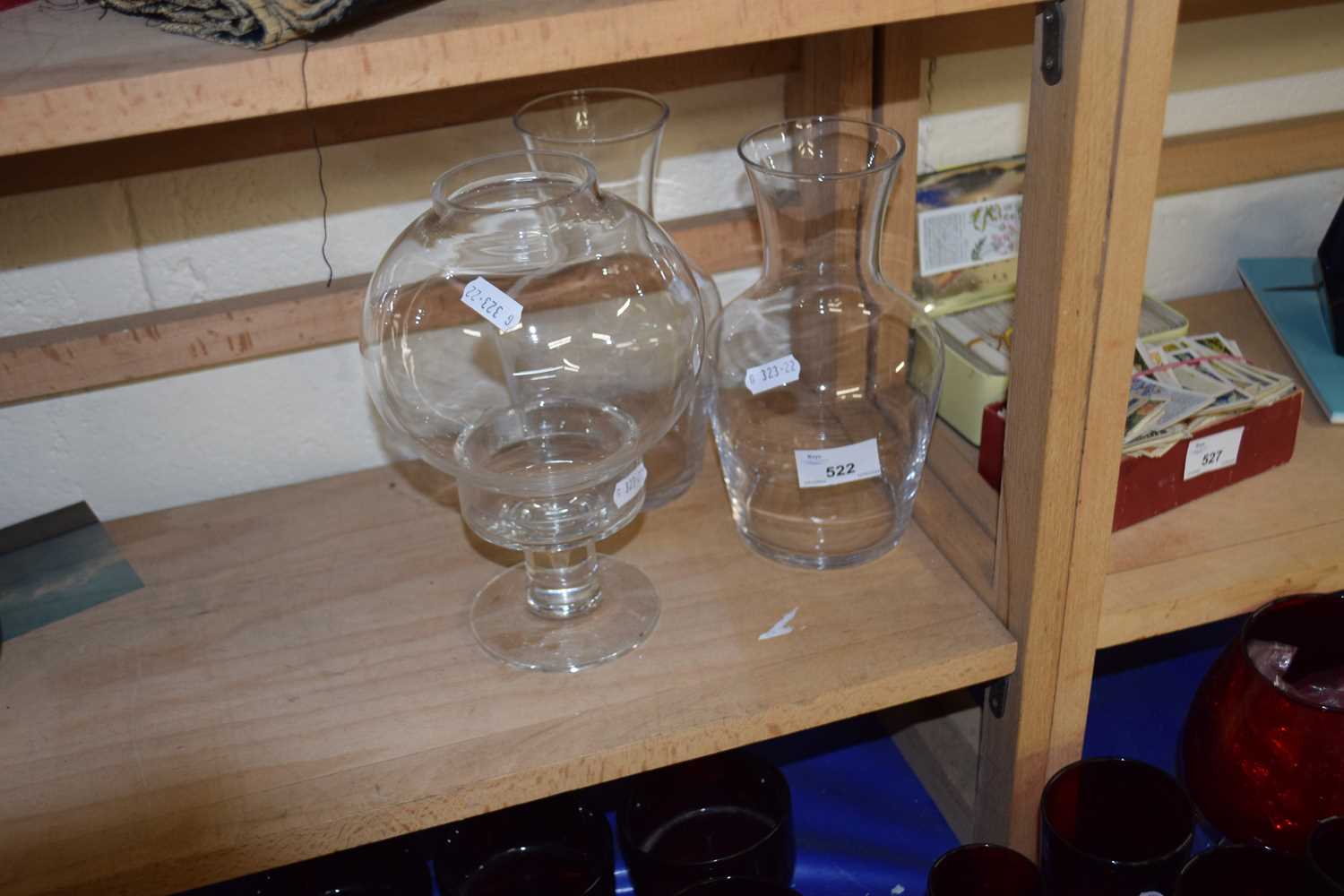 Pair of glass carafes/vases together with a glass globe candle lantern