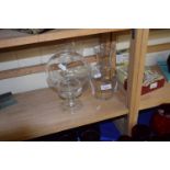 Pair of glass carafes/vases together with a glass globe candle lantern