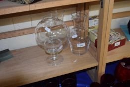 Pair of glass carafes/vases together with a glass globe candle lantern