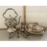 Mixed Lot: Various silver plated wares to include serving dish, spirit kettle and other items