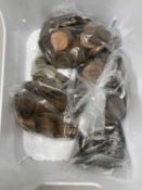 Box of British pre-decimal pennies and other coinage