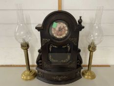 Modern mantel clock together with a pair of brass based candle stands (3)