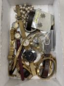 Box of various assorted wristwatches, costume jewellery etc