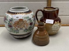 Samson porcelain ginger jar together with a Royal Doulton harvest jug and a further small pottery