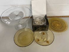 Mixed Lot: Glass wares to include a large clear glass cake stand, a George VI coronation plate and