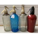 Four various soda siphons to include a Rawlings blue glass example