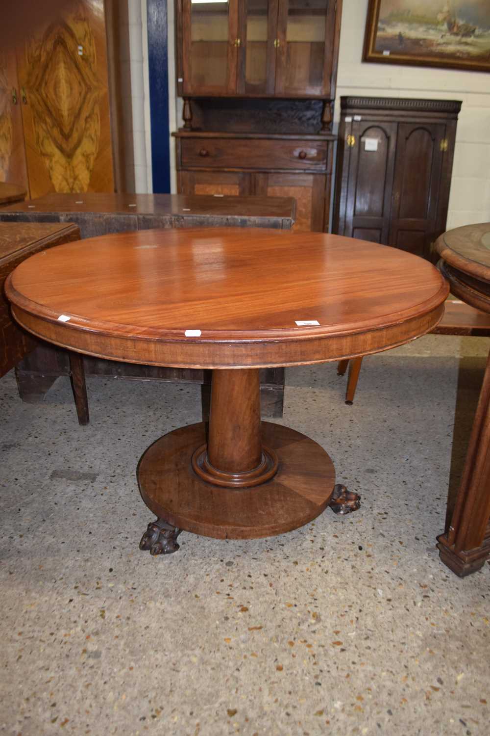 19th Century mahogany pedestal dining table, the circular top over a tapering column raised on a