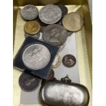 Box of various assorted coinage, silver plated sovereign case etc