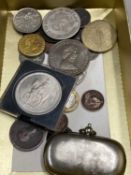 Box of various assorted coinage, silver plated sovereign case etc