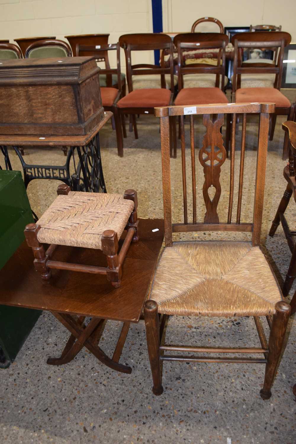 Mixed Lot: Small rush seated wheel back chair, further rush seated stool and a small oak veneered