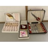 Mixed Lot: Various cased cutlery, small modern enamel box, place mats etc