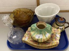 Mixed Lot: Royal Winton Sunshine pattern plates, amber glass bowls, a Wade Heath vase etc