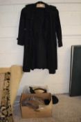 Black overcoat together with two boxes of various vintage gents hats