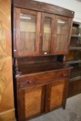 20th Century stained pine and burr wood finished dresser cabinet with glazed top section, 104cm