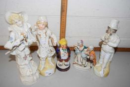 A group of various assorted continental figures, lustre finish sugar caster etc