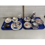 Two trays of various Oriental plates, tea wares, vases etc