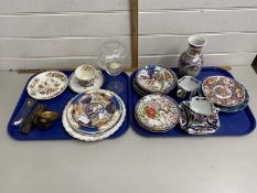 Two trays of various Oriental plates, tea wares, vases etc
