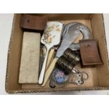 Box of various assorted items to include cutlery, enamelled dressing table mirror etc