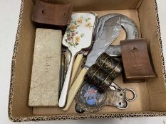 Box of various assorted items to include cutlery, enamelled dressing table mirror etc