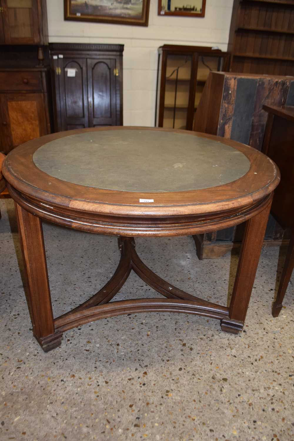 20th Century circular table with hardwood frame and triangular formed stretcher base