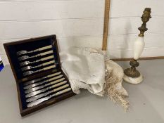 Mixed Lot: Cased fish cutlery, various linen items and table lamp