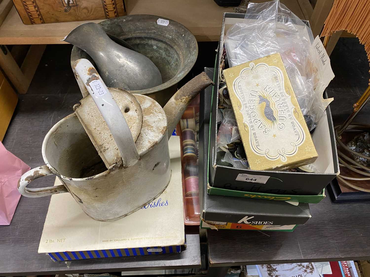 Mixed Lot: Brass planter, watering can, buttons etc