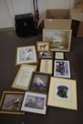 Box of various assorted mixed pictures, framed photographs of birds etc