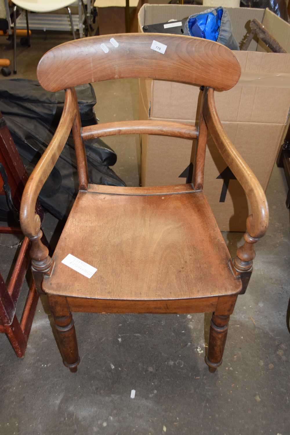 Mahogany elbow chair with wooden seat and turned legs