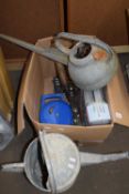 Box of mixed items to include galvanised watering can, tools etc