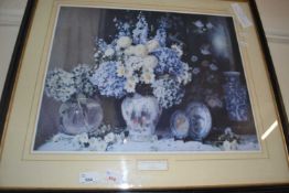 Hydrangeas and Peonies by Pat Moran, reproduction print, framed and glazed