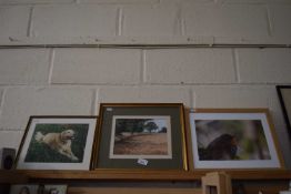 Watercolour of poppies in a field together with a framed photograph of a robin and a needlework