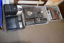 Three boxes of various vintage radios, record player, speakers etc