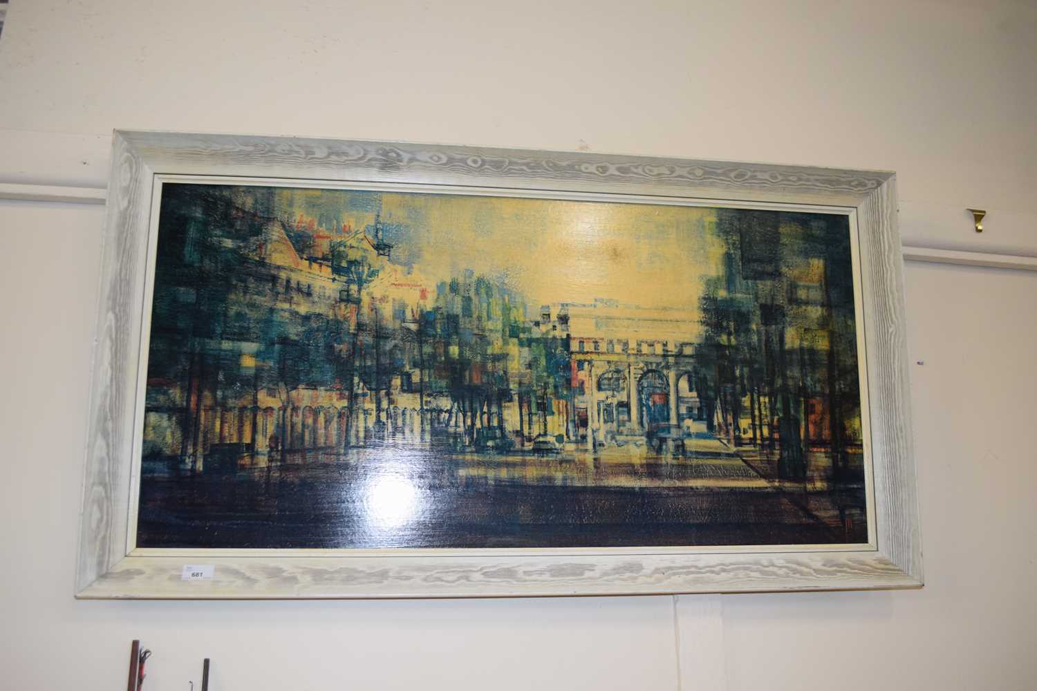 Oleograph print, continental street scene, framed