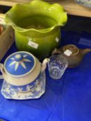 Green glazed jardiniere together with a Jasper ware style teapot and other items