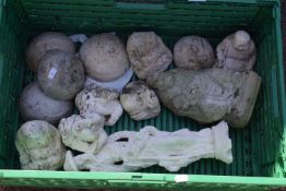 Box of various small concrete and composition figures, Buddha's and others