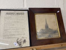 Framed copy of The Parents Charter Rules of the House together with a pencil sketch of a