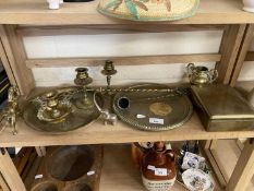 Quantity of assorted brass ware to include dwarf candlesticks, cigarette box, snuffers etc