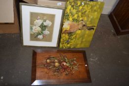 Floral painted wooden panel together with a coloured photographic print of a hare