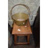 An antique style oak joint stool together with a brass preserving pan