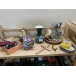 Mixed Lot: Vases, models of owls, flat ware, crucifix etc