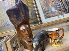 Mixed Lot: Mella ware rhino, a Cottage ware jug and a carved African style figure