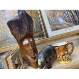 Mixed Lot: Mella ware rhino, a Cottage ware jug and a carved African style figure